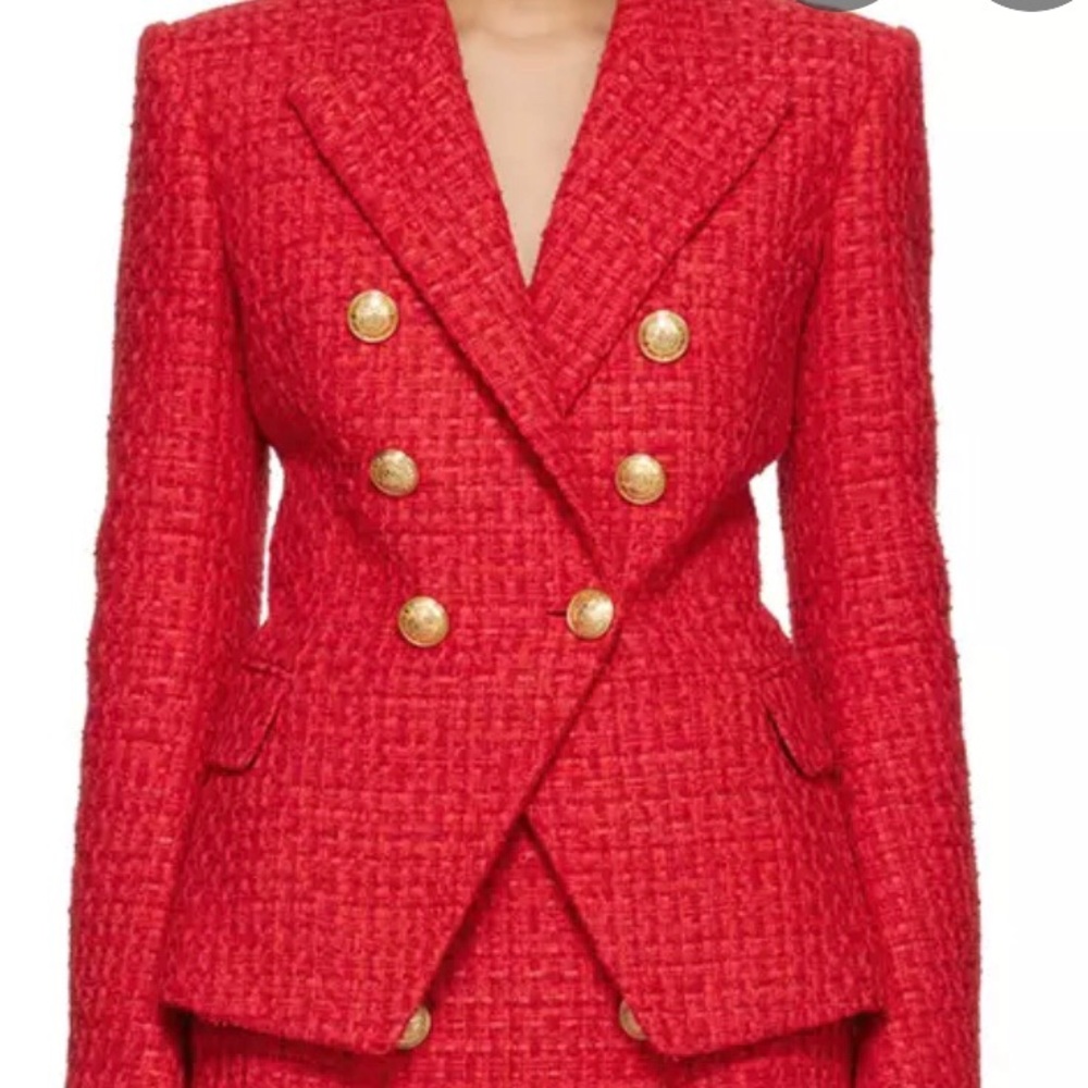 Deep Red Tweed Gold Button Military Style Blazer